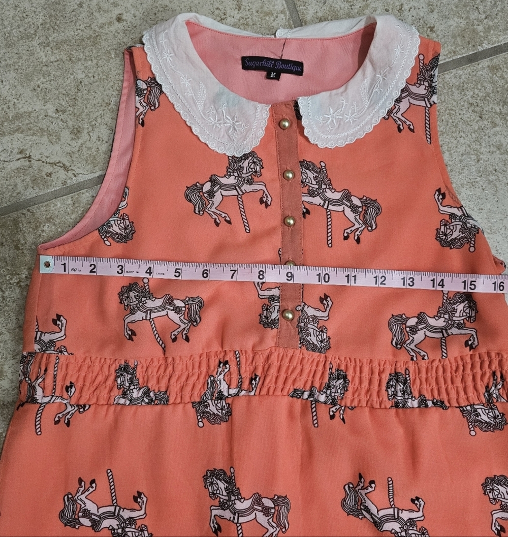 Sugarhill Boutique Dress Medium Coral Carousel Horse Peter Pan Collar Whimsical - Picture 5 of 6